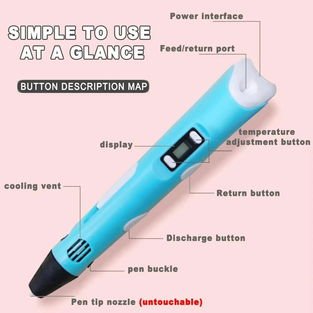 3D Printing Pen Art Drawing Tool LED Temperature Display for Kids Creative Arts Crafts