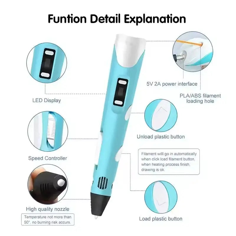 3D Printing Pen Art Drawing Tool LED Temperature Display for Kids Creative Arts Crafts