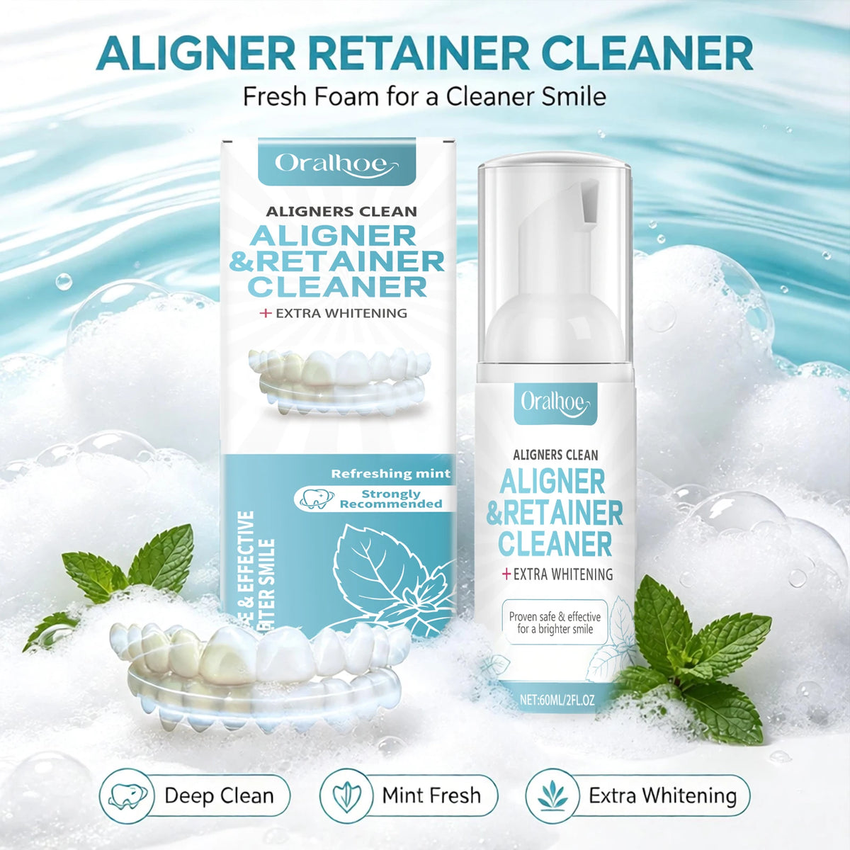 Aligner and Retainer Cleaner Foam Mousse Whitening Agent for Daily Dental Appliance Care