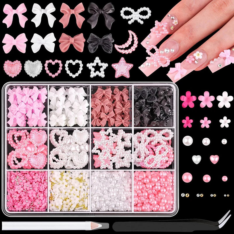 3D Nail Art Decorations Resin Charms Mixed Bowknot Pearl Beads for Manicure DIY Nail Design
