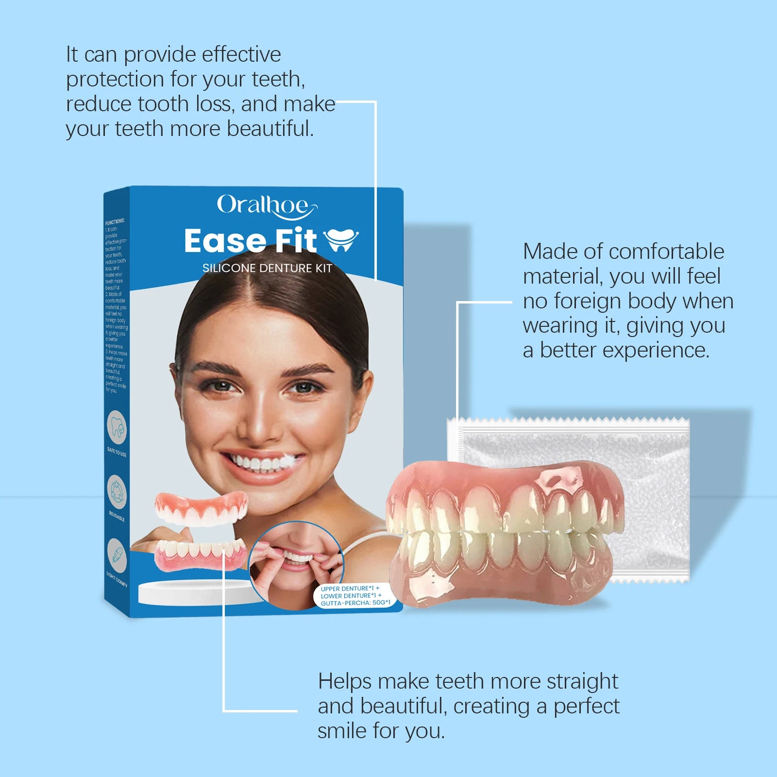Full Denture Set Silicone False Teeth Cosmetic Veneers for Smile Improvement - 11