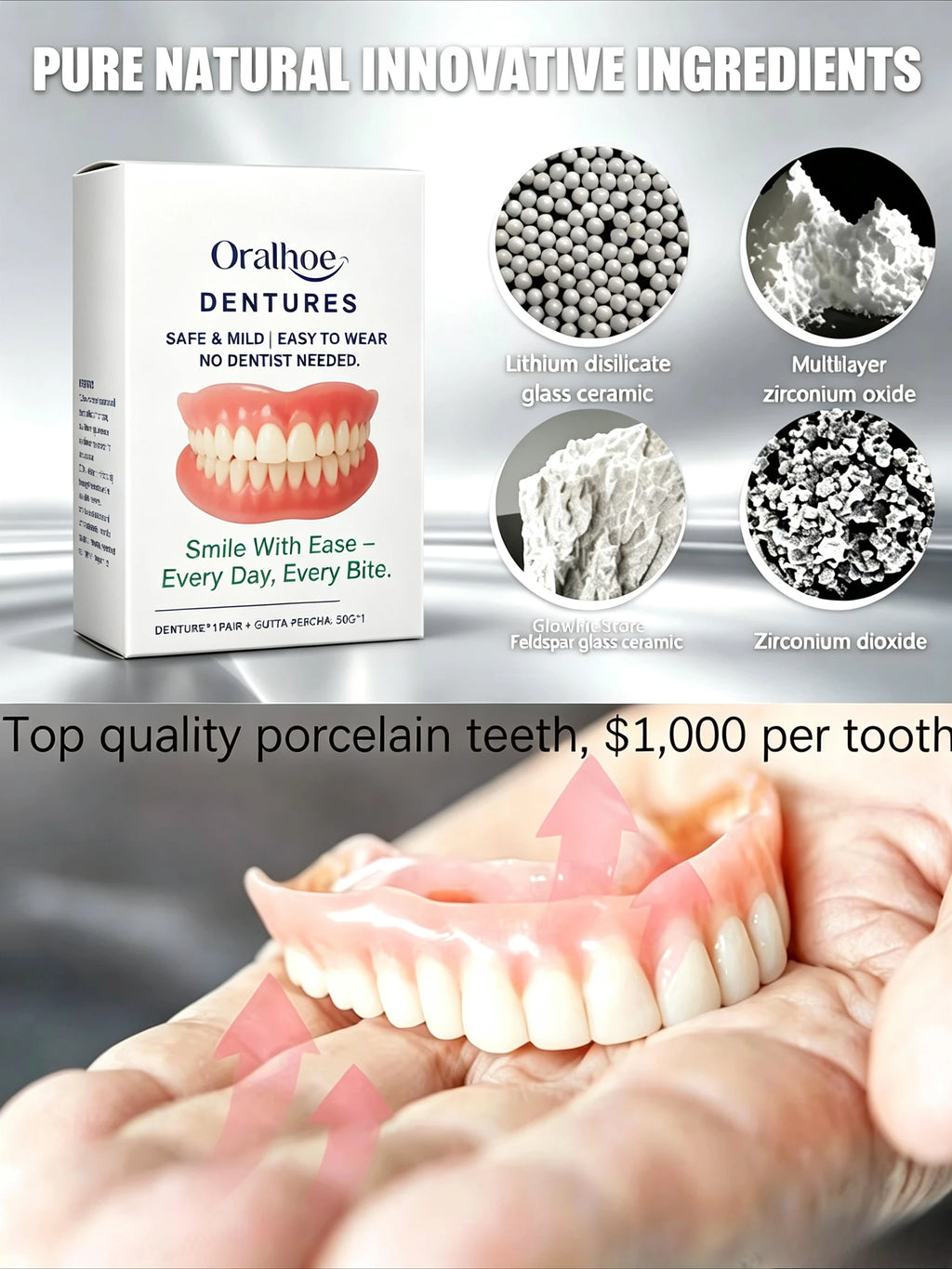 Adjustable Cosmetic Dentures Fake Teeth Set Custom Fit for Men Women Daily Smile Enhancement