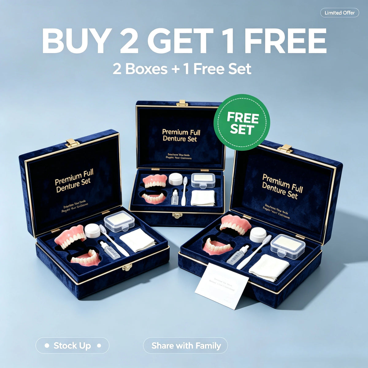 Full Mouth Denture Set Silicone False Teeth Kit with Cleaning Tools for Daily Comfort Use
