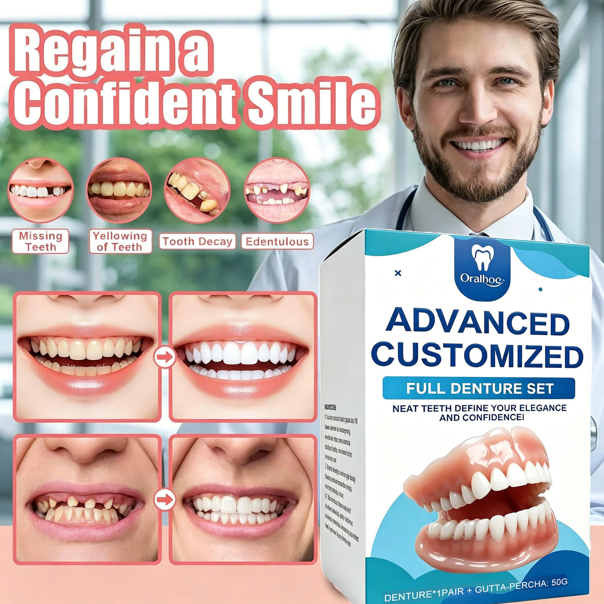 Full Denture Set Realistic Temporary False Teeth for Natural Comfortable Smile