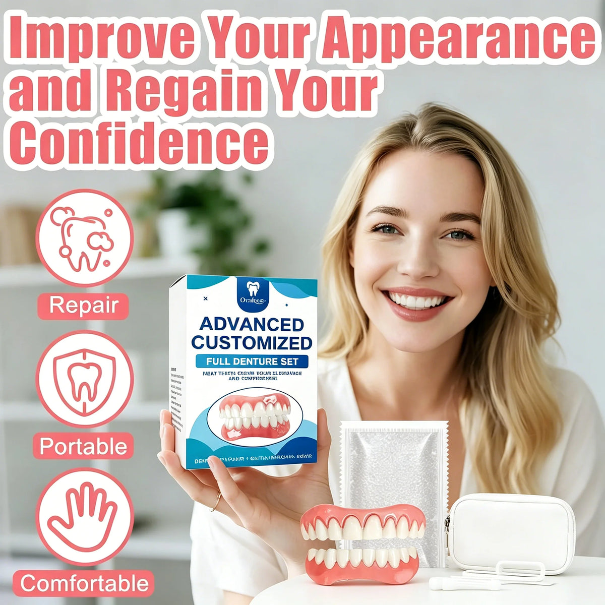 Full Denture Set Realistic Temporary False Teeth for Natural Comfortable Smile