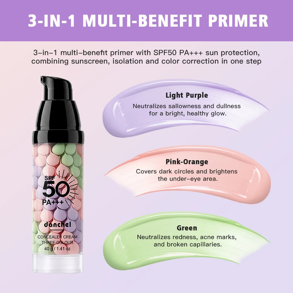 3-in-1 Color Correcting Primer SPF 50 Makeup Base for Radiant Even Skin Tone and Sun Protection