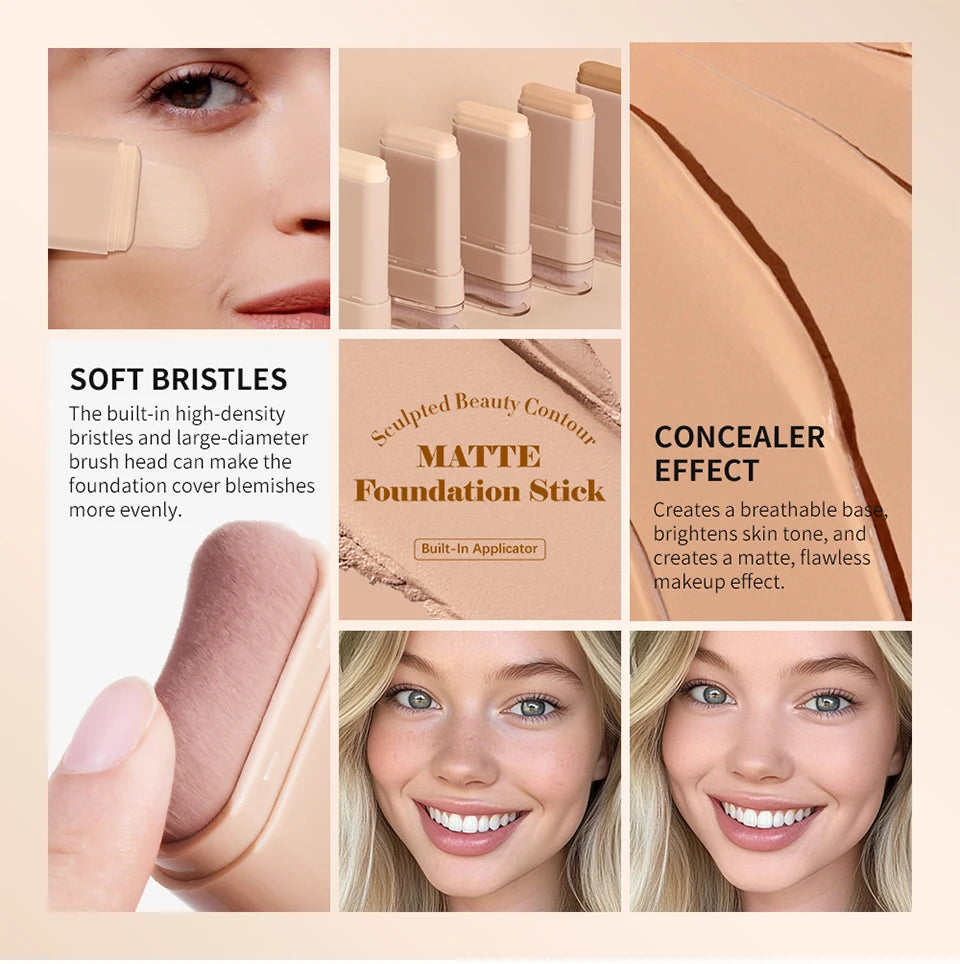 Matte Foundation Stick Face Concealer Makeup with Brush for Flawless Finish