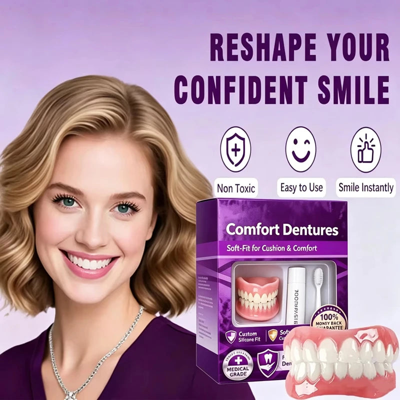 Full Set Silicone Dentures Natural False Teeth Soft Comfort Fit for Instant Smile Enhancement
