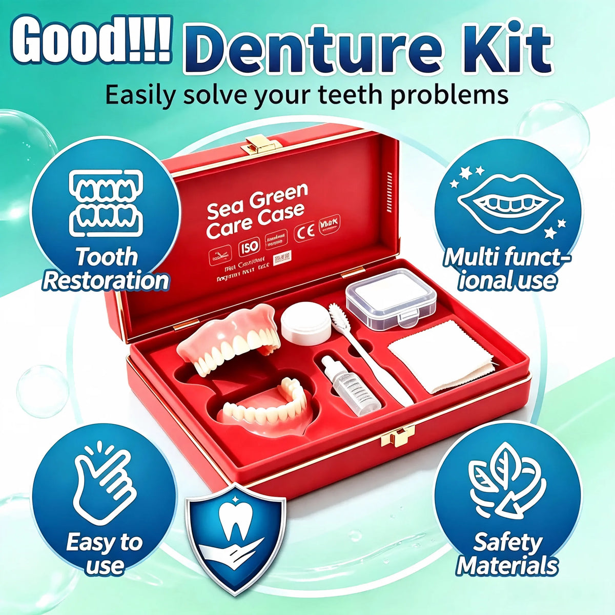Full Mouth Denture Set Replacement False Teeth Kit with Travel Storage for Daily Oral Hygiene
