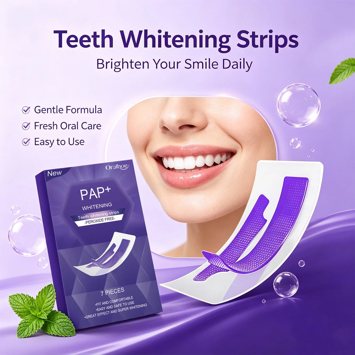 Teeth Whitening Strips Dental Bleaching Kit Gentle PAP Formula for Bright White Smile Routine