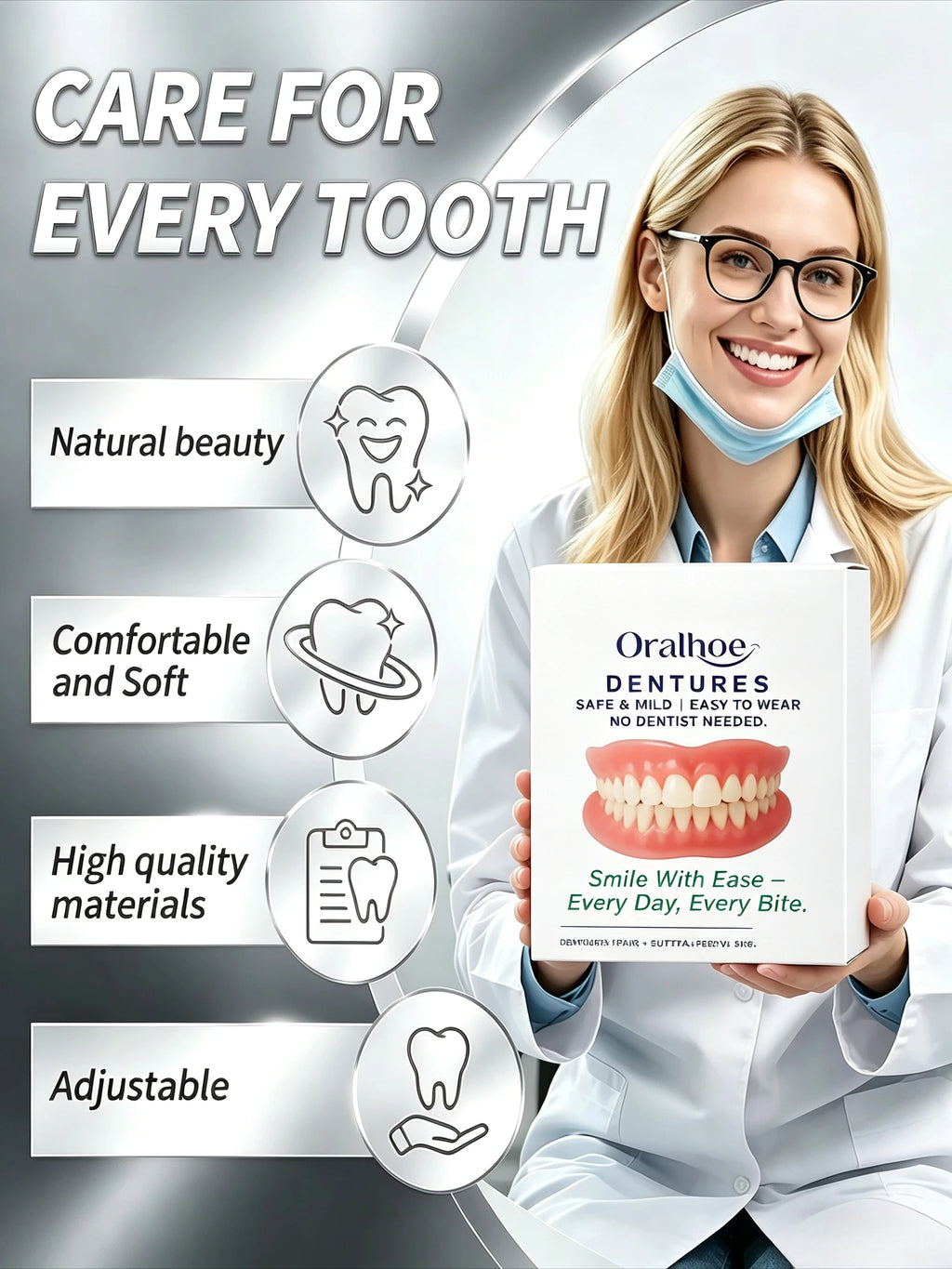 Adjustable Cosmetic Dentures Fake Teeth Set Custom Fit for Men Women Daily Smile Enhancement