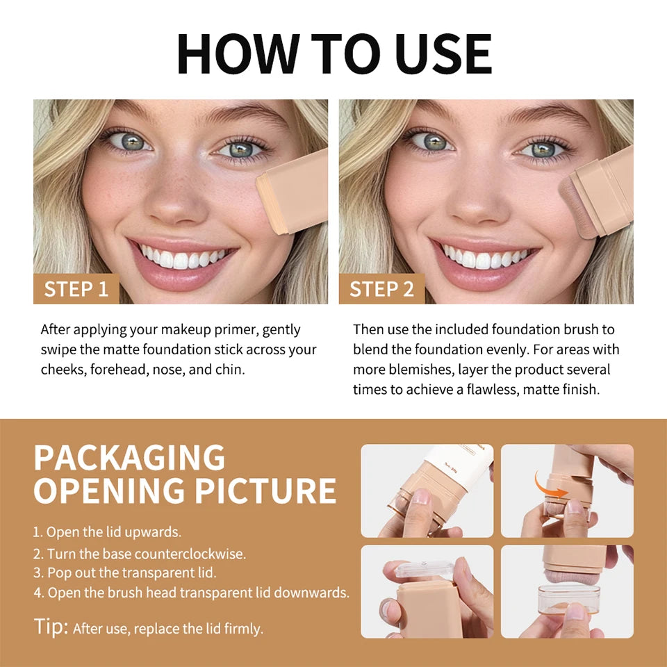 Matte Foundation Stick Face Concealer Makeup with Brush for Flawless Finish