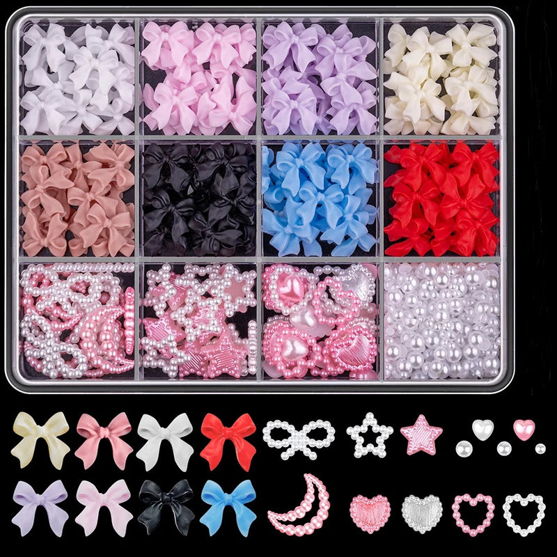 3D Nail Art Decorations Resin Charms Mixed Bowknot Pearl Beads for Manicure DIY Nail Design