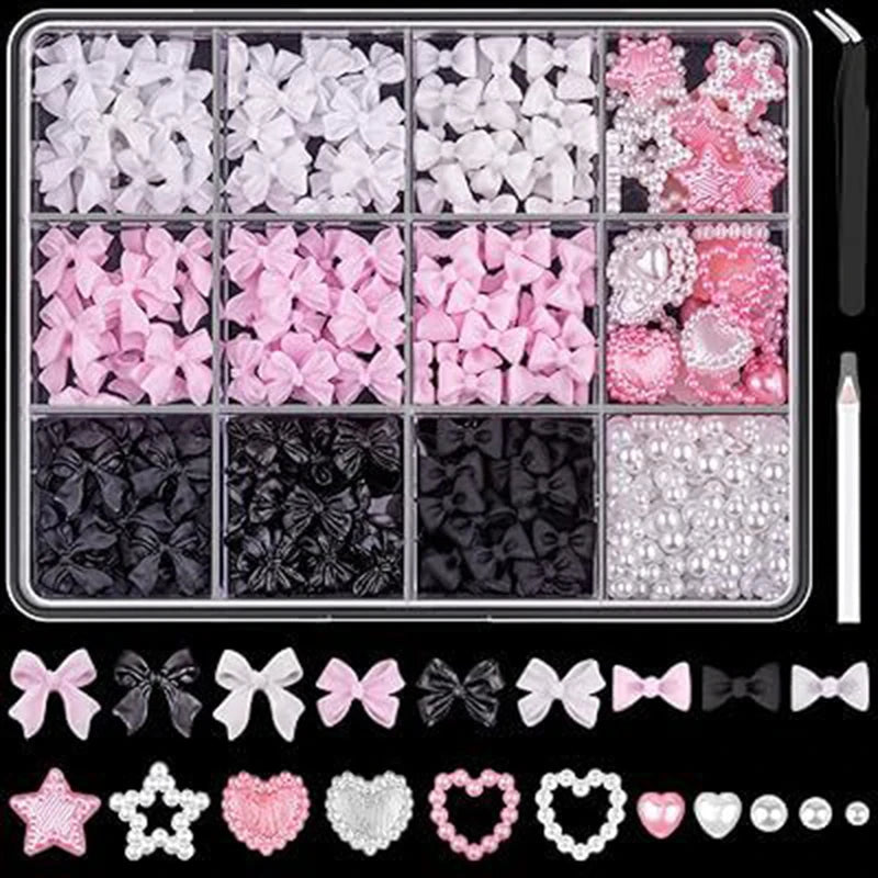 3D Nail Art Decorations Resin Charms Mixed Bowknot Pearl Beads for Manicure DIY Nail Design