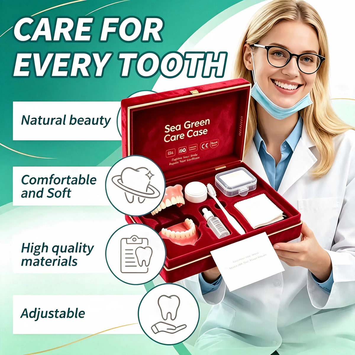 Full Mouth Denture Set Replacement False Teeth Kit with Travel Storage for Daily Oral Hygiene
