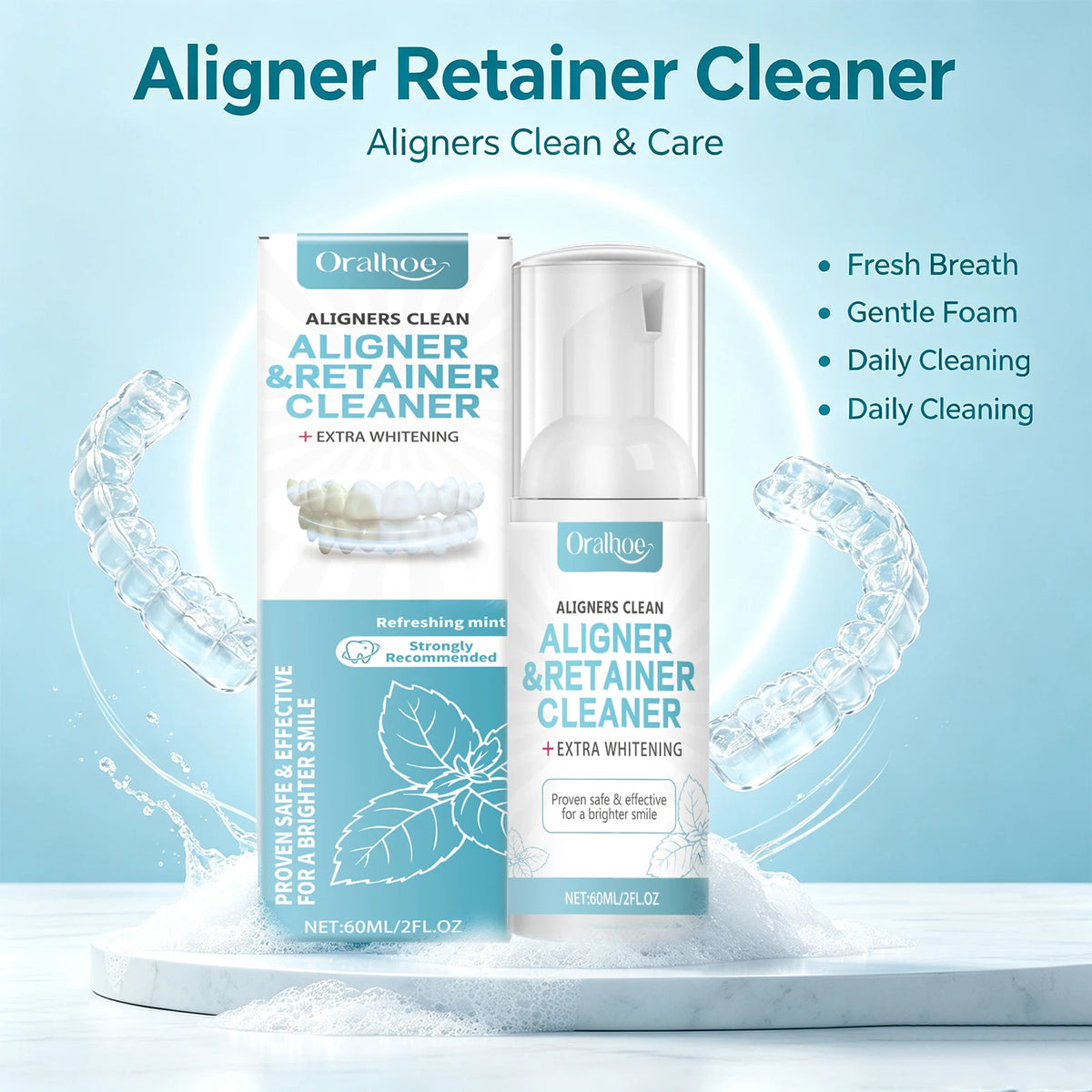Aligner and Retainer Cleaner Foam Mousse Whitening Agent for Daily Dental Appliance Care