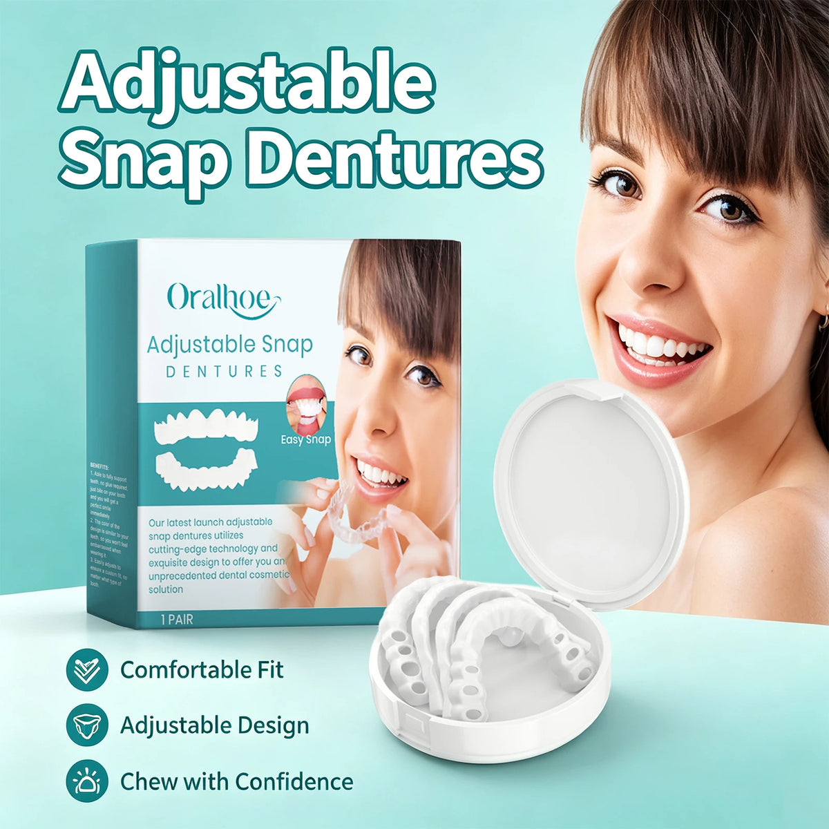 Adjustable Snap Dentures Fake Teeth Cosmetic Veneers Secure Fit for Dental Repair and Daily Smile