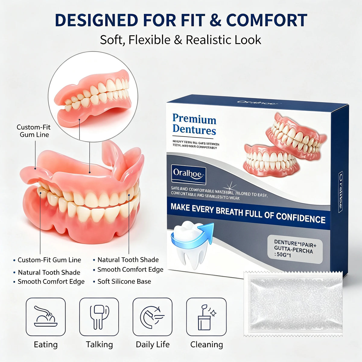 Snap On Dentures Cosmetic Teeth Veneers Natural Smile Fit for Men and Women