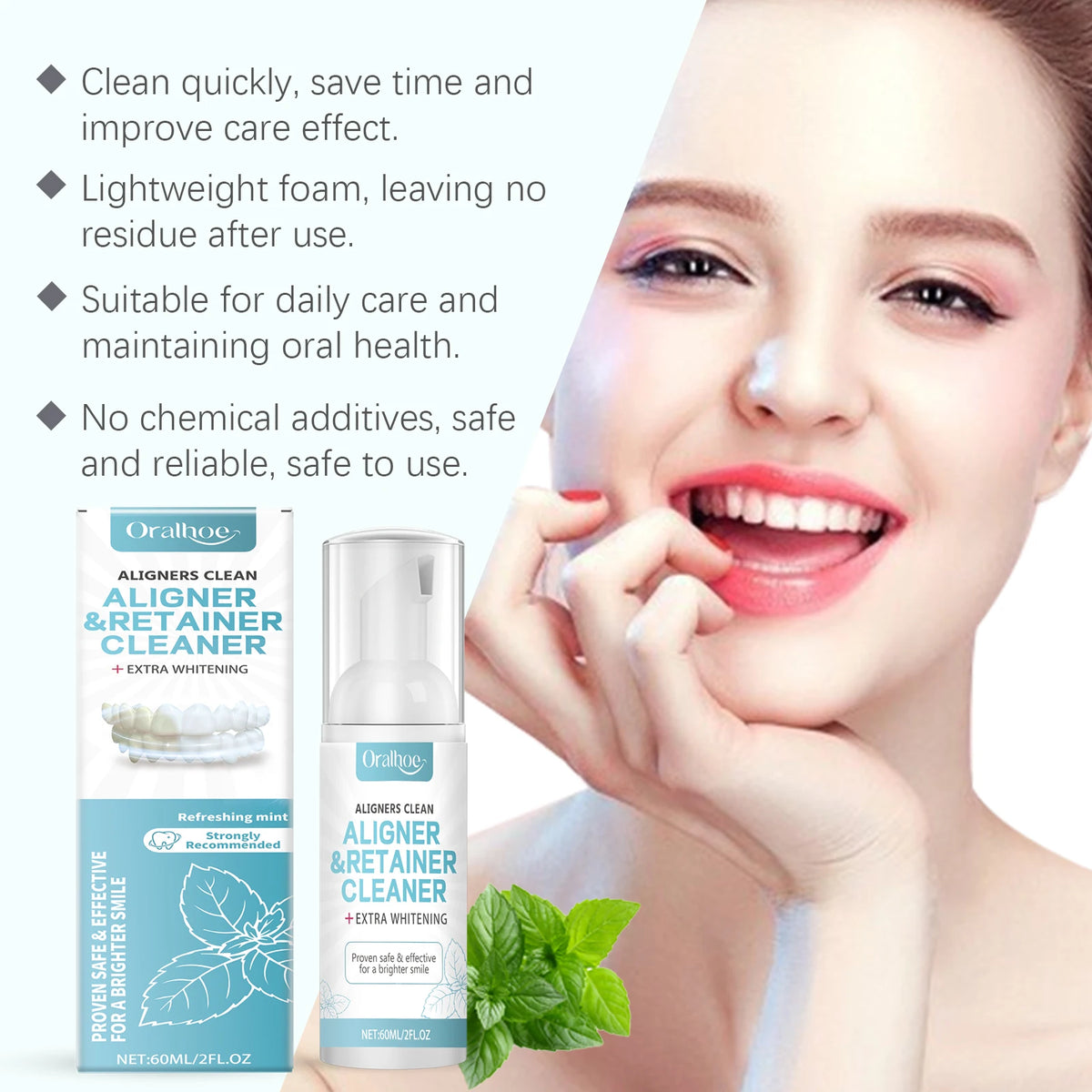 Aligner and Retainer Cleaner Foam Mousse Whitening Agent for Daily Dental Appliance Care
