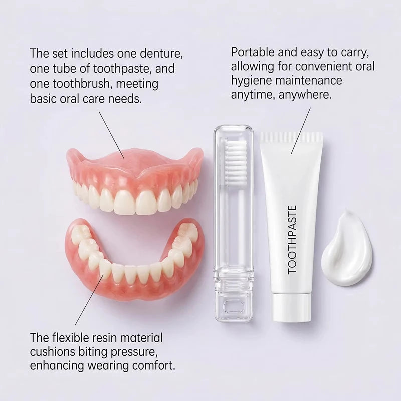 Full Set Silicone Dentures Natural False Teeth Soft Comfort Fit for Instant Smile Enhancement